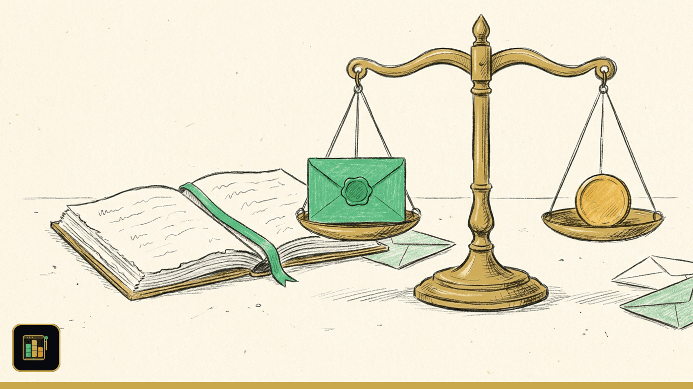 Illustration of a brass balance scale holding a sealed green envelope on one pan and a plain gold coin on the other, beside an open book with a green ribbon