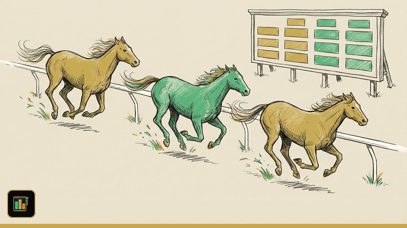 Illustration of three horses galloping along a racetrack rail toward a tote board with blank panels