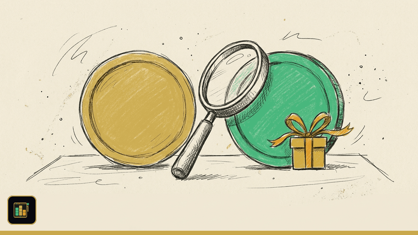 Illustration of two nearly identical round tokens on a table, one plain gold and one green with a small gift box and amber ribbon set against it, and a magnifying glass leaning between them
