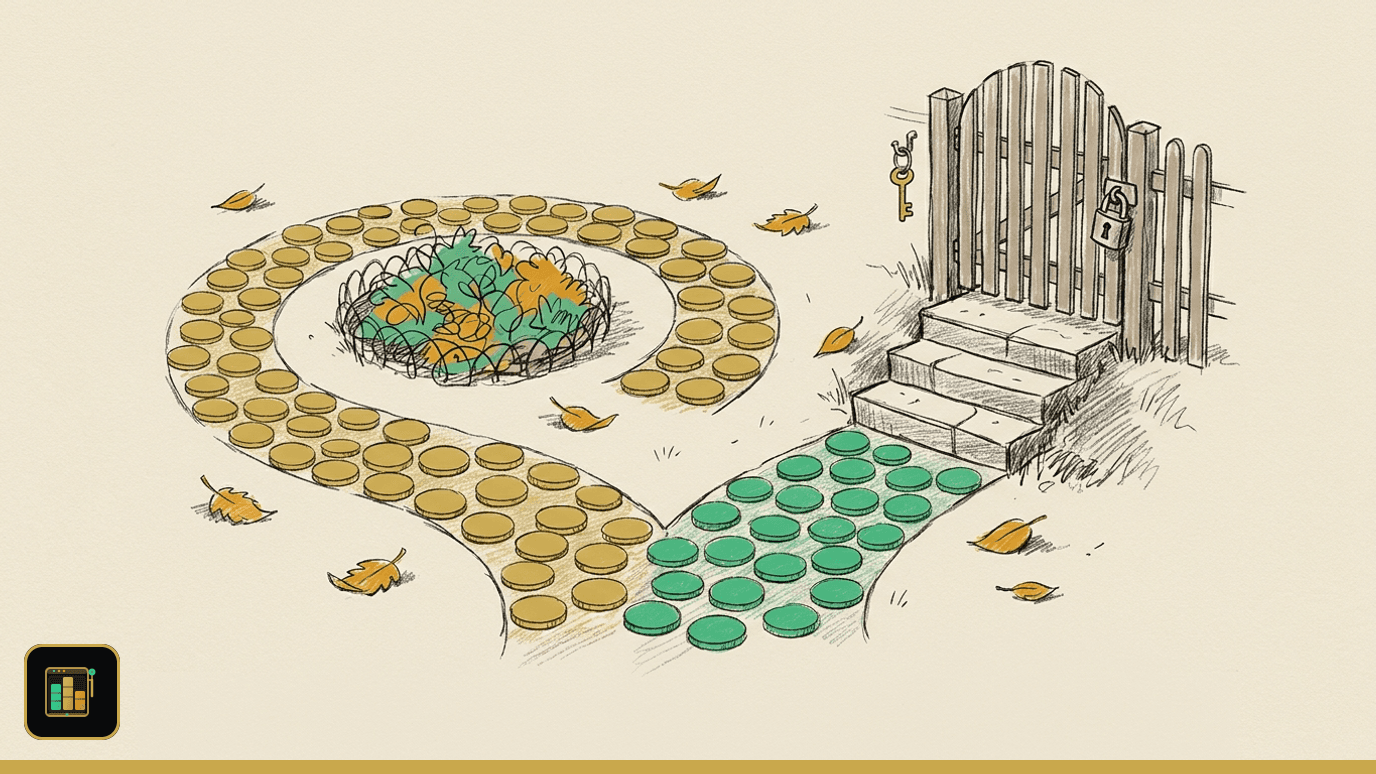 Illustration of a path splitting in two: gold coins loop around a garden bed, green coins lead up steps to a padlocked gate with a key on a hook