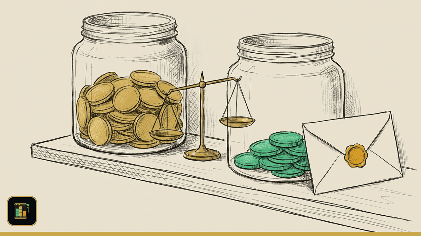 Illustration of two glass jars on a shelf, one full of gold coins and one with green coins, with a small balance scale and a sealed envelope